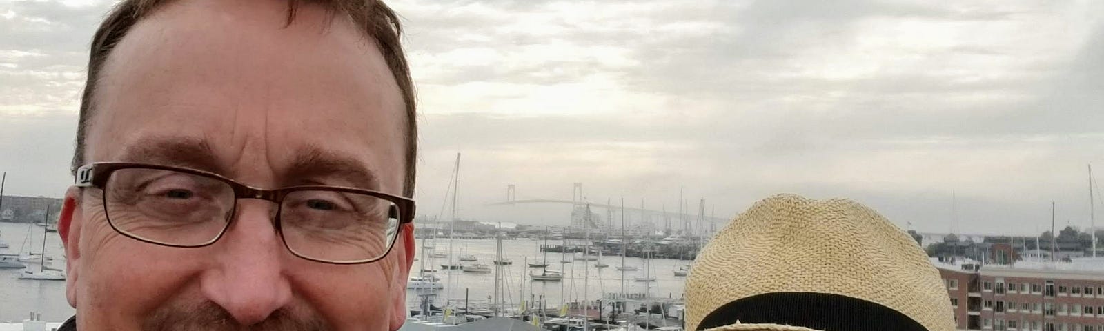 D and I on our Newport, Rhode Island hotel roof, overlooking the marina around sunset