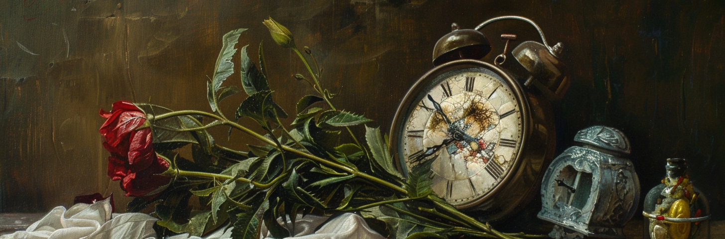 A broken clock, wilted flowers, and a bedside table symbolize the passage of life.