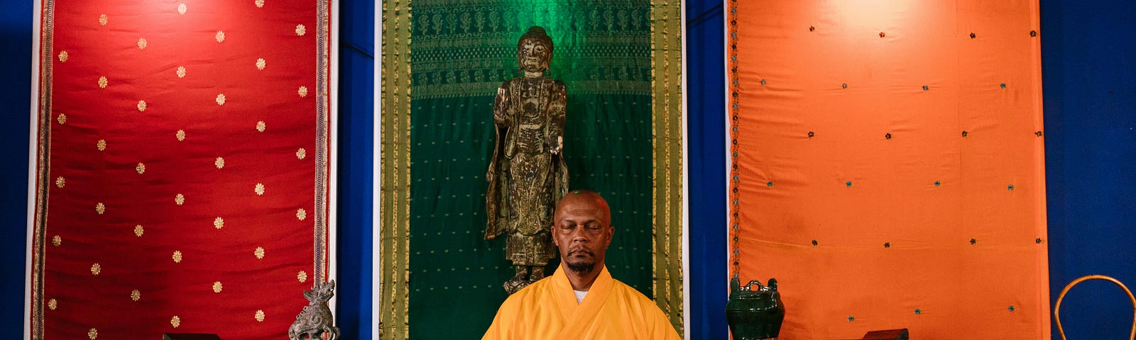 A Buddhist monk meditates in his special sacred space