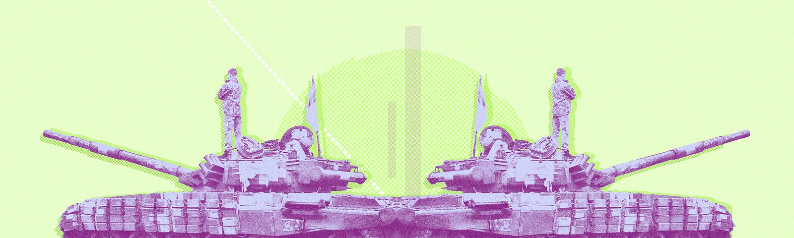 Two tanks in magenta over a neon green background. Photo illustration by Alyson Youngblood, photo from 24th Mechanized Brigade “King Danylo” / CC BY 4.0