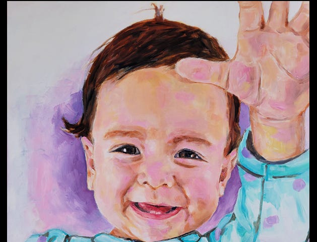 Painting of a baby smiling and reaching up one hand in a ‘high five’ manner. Painted by Cheryl O Art