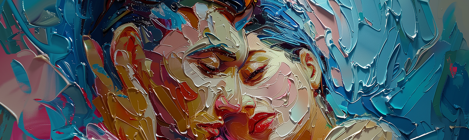 An expressive oil painting of a couple embracing, their faces and bodies blending into each other with swirling brushstrokes in blues, pinks, and warm tones, representing the fluid and eternal connection of their love.