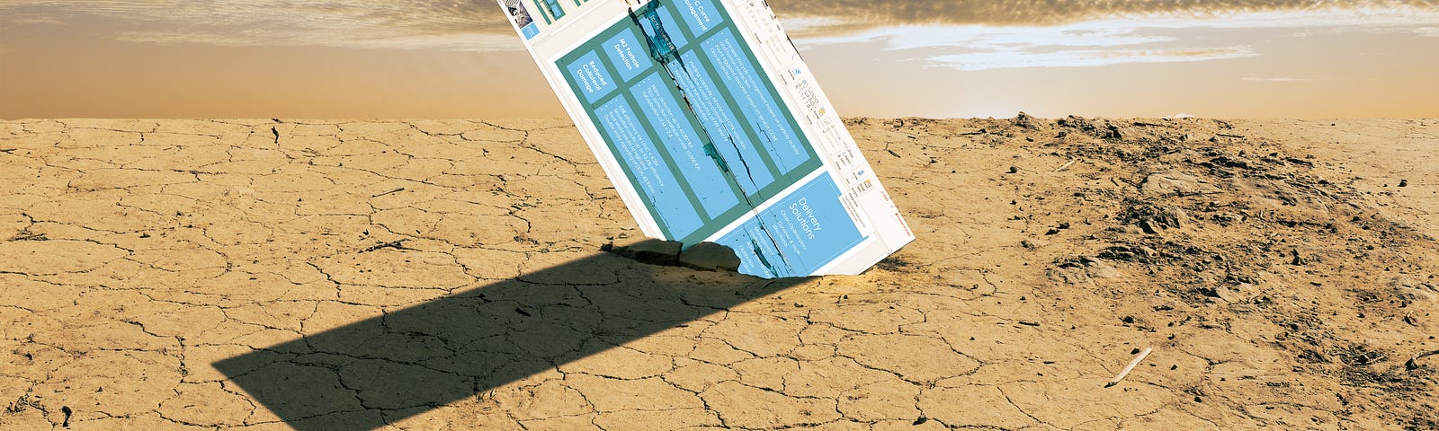 A bleak, post apocalyptic landscape with a lone, hooded figure staring at a giant PowerPoint slide, embedded in the cracked ground.