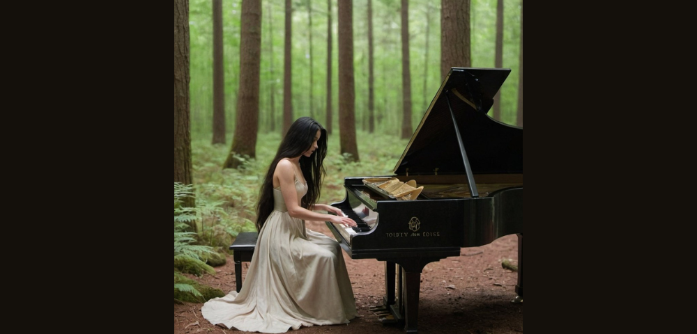 Woman playing piano in a forest