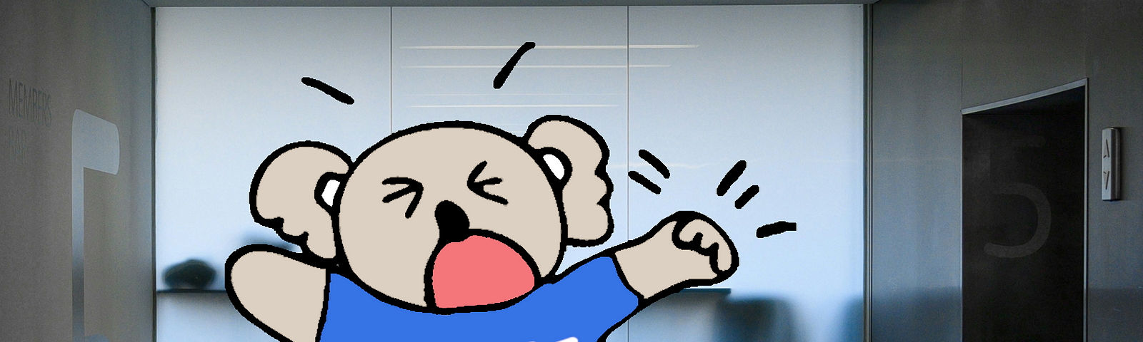 This image shows an illustration of a cartoon koala with an open mouth and closed eyes, wearing a blue shirt with the word “BOSS” on it. The bear appears to be in mid tantrum, with arms stretched wide in an assertive gesture. The cartoon koala is superimposed on a real-life photograph of an elevator lobby.