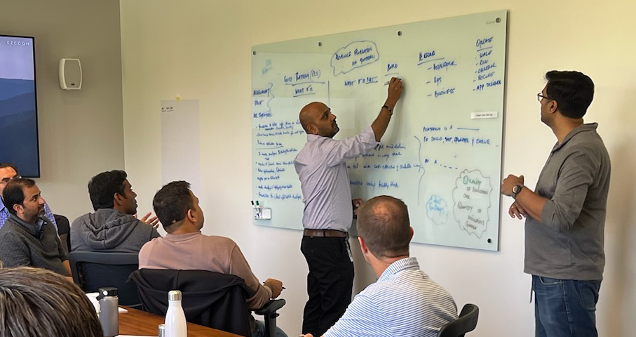 Team brainstorming around a white board.
