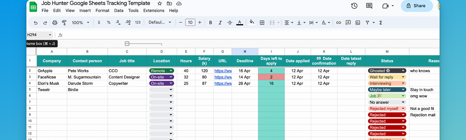 Screenshot of Simple Job Hunt Tracker Google Sheets template with dummy data in the Tracker tab