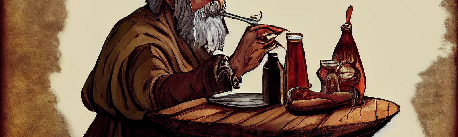 A painting of an old man smoking in a tavern.