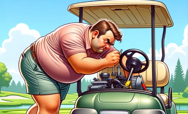 A cartoon of a stocky man bent over his golf cart, adjusting something in the motor on a bright, sunny summer day.