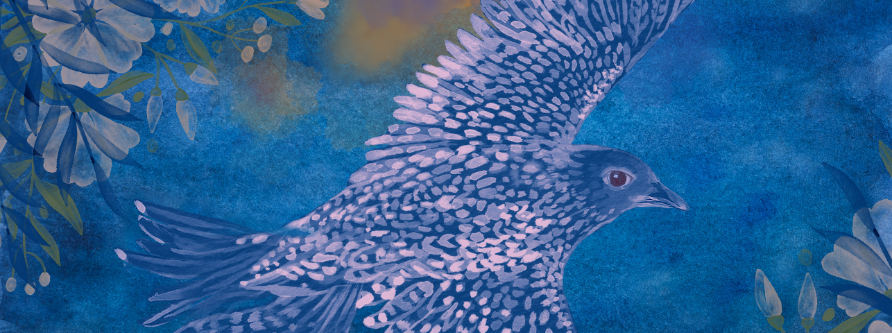 Collaged watercolor closeup of a bird flying past flowering trees in the moonlit night.