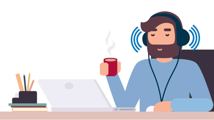 Illustration of man in blue shirt, wearing headphones working at a laptop while drinking coffee.