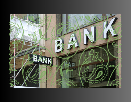 Photo of a front of a bank with capital letters of BANK