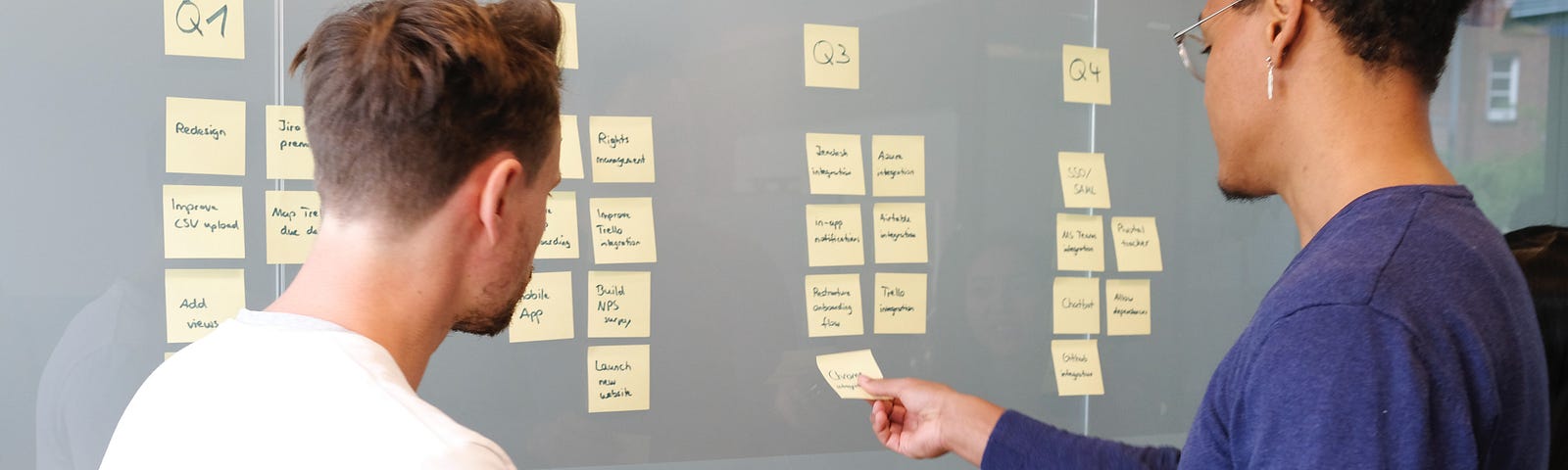 Two people, one wearing a long-sleeve white shirt, the other wearing a long-sleeve purple shirt, use post-it notes to plan the four quarters of a business.