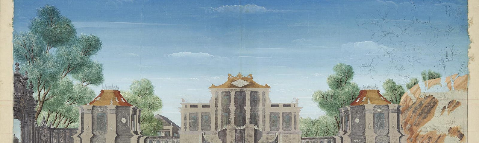 Symmetrically constructed palace façade with flanking arches and towers. Mostly shades of grey with gold roofs. Two outside staircases turn inwards behind retaining wall. Small blue pool in front of retaining wall and a larger blue pool across bottom of the image. Blue sky above, and green trees behind and to the sides of the palace.