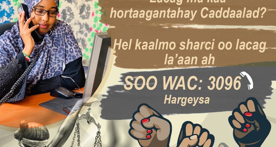 Infographic promoting the Somaliland Women Lawyers Association support line with a woman answering a telephone, an image of lady justice holding scales equally, and raised fists with nail polish.