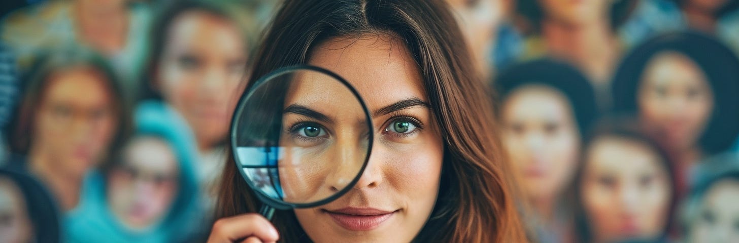 A woman holding a magnifying glass looking at a wall of fuzzy people images