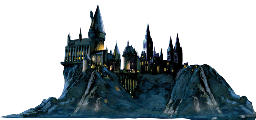 Hogwarts, an enormous castle at night.