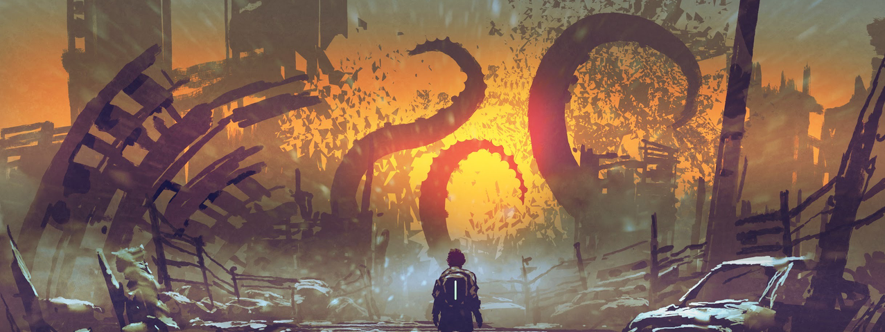 Image: A figure standing in the ruined street, looking out at huge tentacles tearing their city apart.