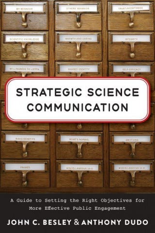 Front page of the book titled Strategic Science Communication, a guide to setting the right objectives for more effective public engagement. The book is written by John Besley and Anthony Dudo.