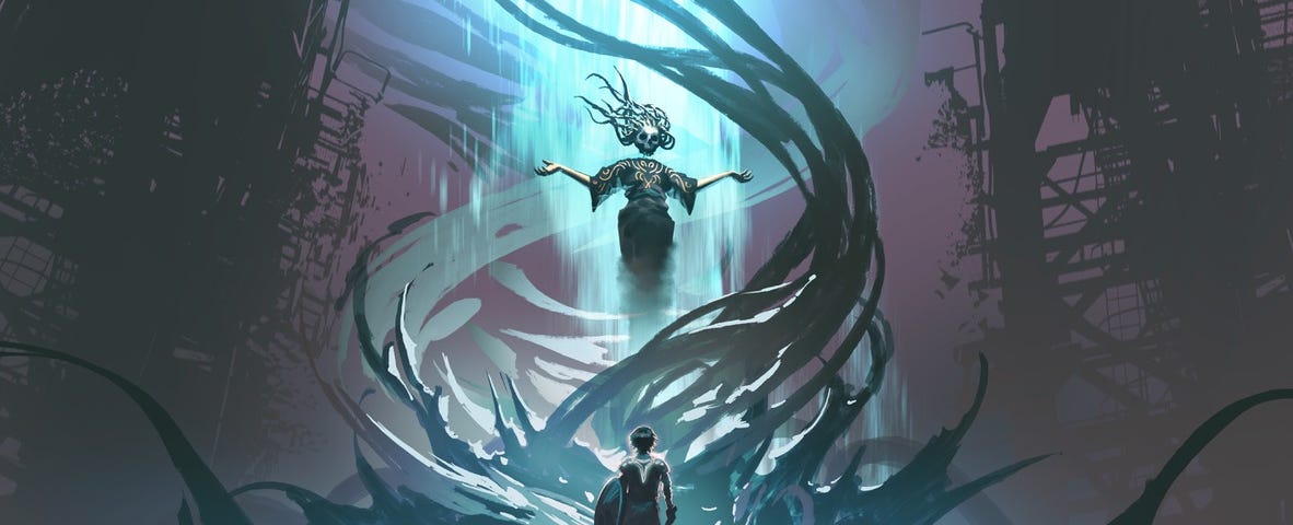 Image: A skeletal figure floats in a column of pale blue light, smoke swirling around them. Another figure with sword and shield in hand stands before them, back turned toward the audience.