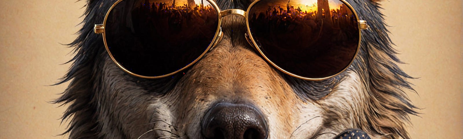 Picture of a wolf wearing aviator sunglasses and an American flag lapel pin