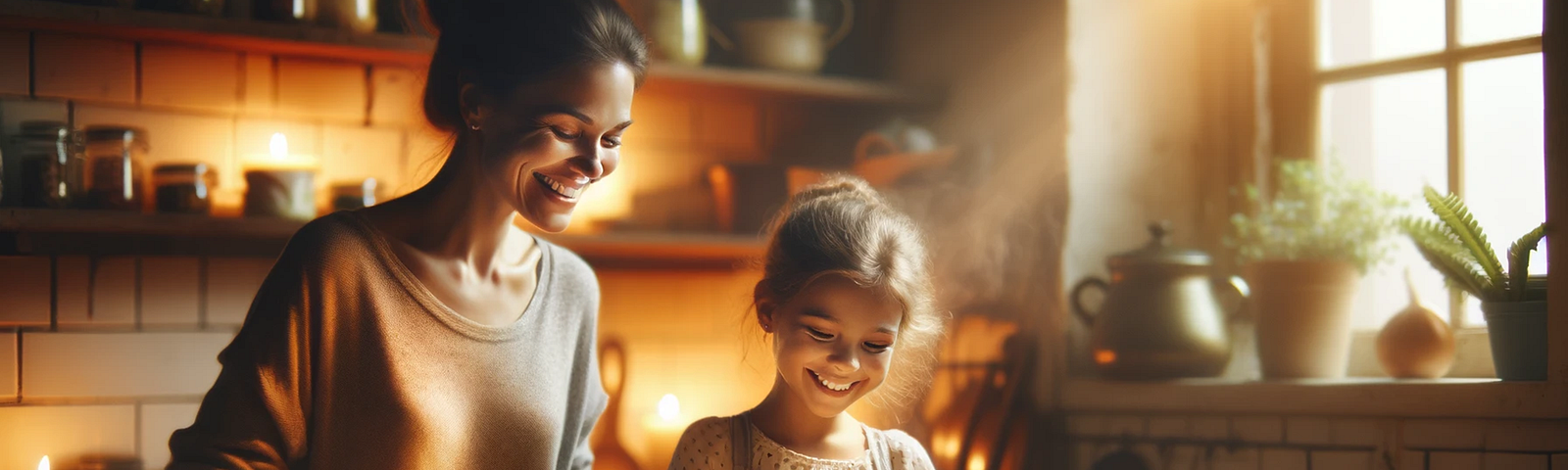 A serene and touching scene in a cozy kitchen where a young girl and her mom are preparing a meal together. Despite the simple task, they are both smiling.