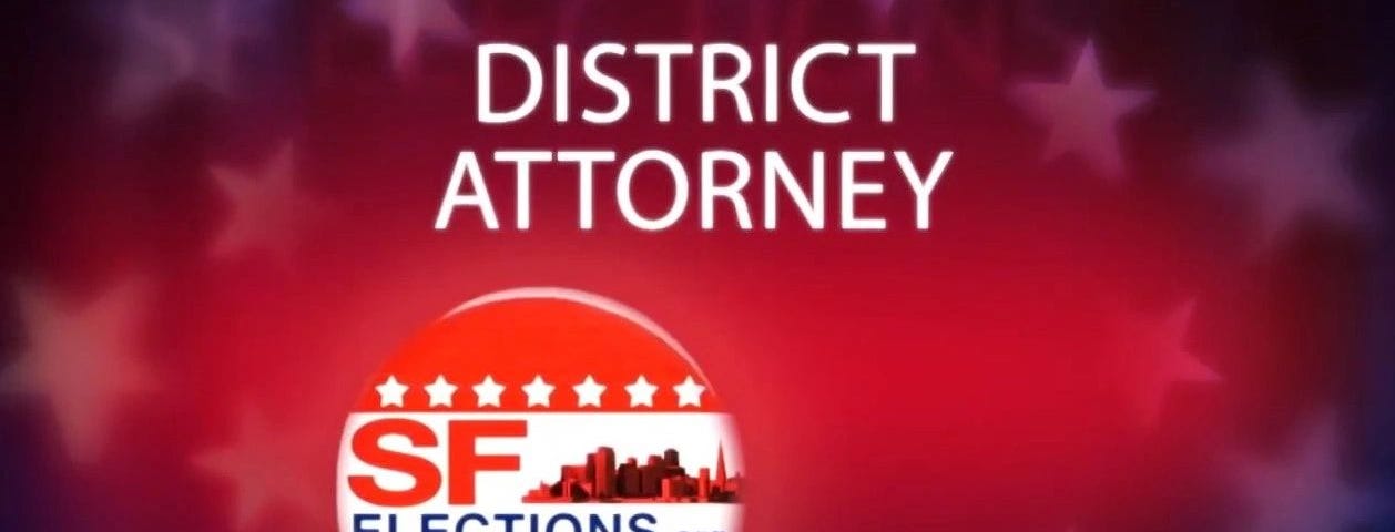 District Attorney title above SFelections.org button on a hazy red, white and blue background.