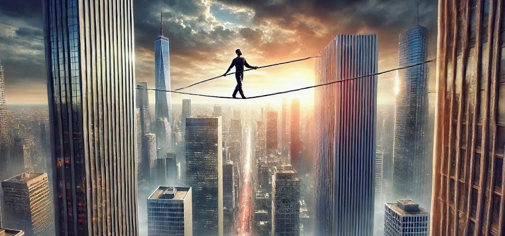 This 100% Before 99% image of a man confidently walking a tightrope between buildings was generated with the use of AI. Image courtesy of © ThoughtImprovement.com