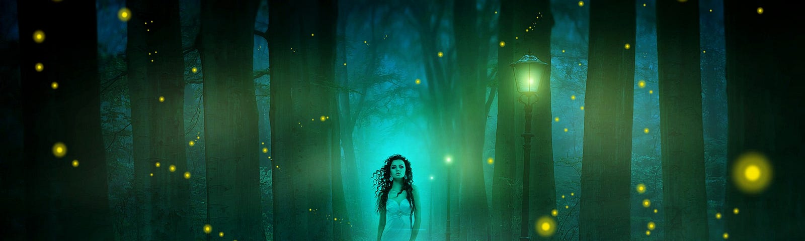 Young woman, dark hair, long white gown, magical lights, fireflies, dark woods, night time, street light, enchanted