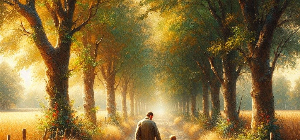 A father and his child holding hands and crossing the road carved between a forest.