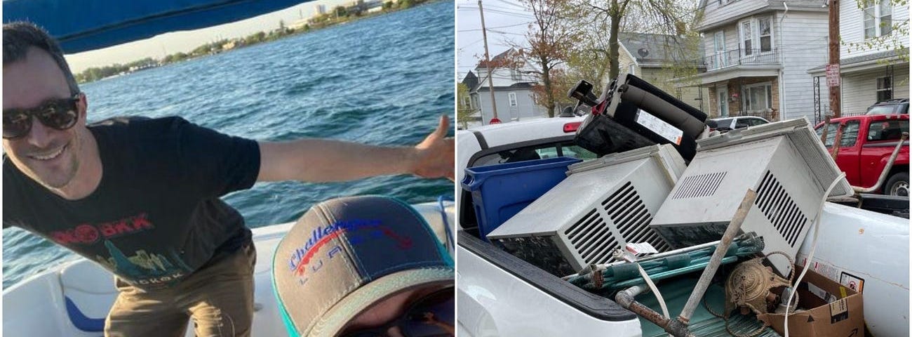 Couple Dave and Erin Sheffield on a boat (left) and their pickup truck filled with junk (right).