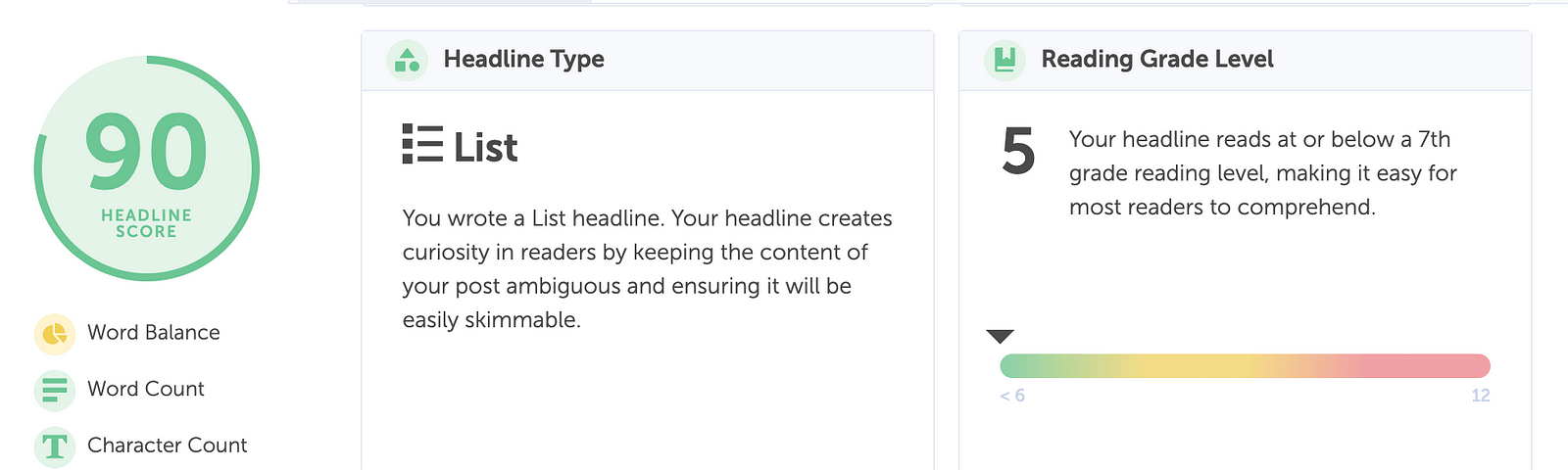 screenshot of headline analyzer software Coschedule score of 90