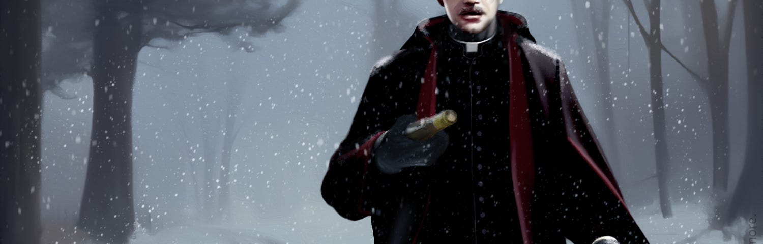 A priest walks on a country road in winter carrying a bottle of wine.