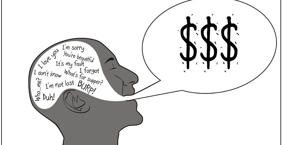 Man’s head full of thoughts, word bubble with dollar signs