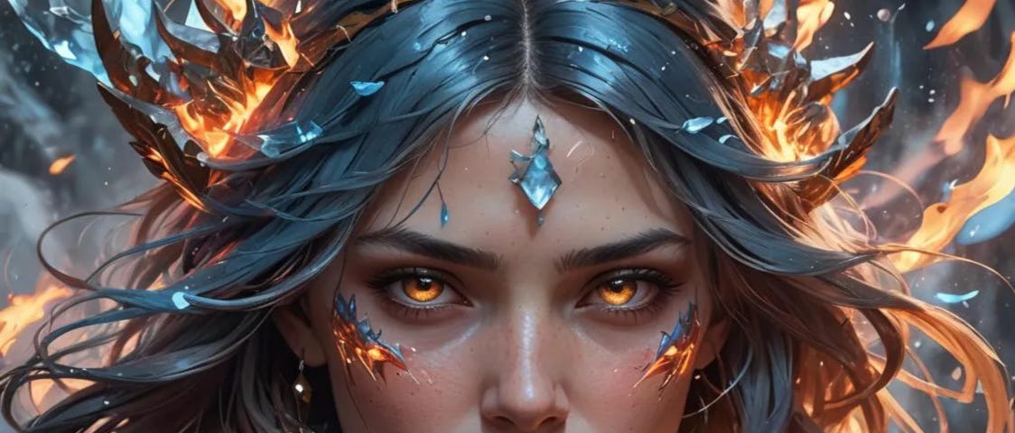 A woman with fiery eyes, an elaborate armor and fragments of ice and little fires all over her.