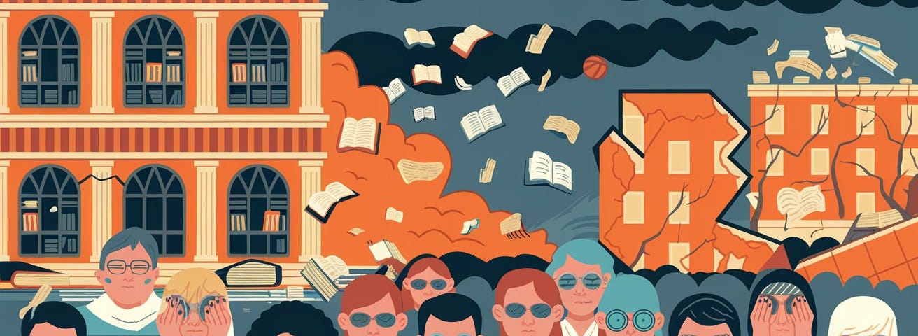 A graphic illustration of a society in breakdown due to diminishing reading and writing skills. The image contains a library withbooks flying out of the windows, symbolizing the loss of knowledge. There are people with their eyes covered, symbolizing the inability to see or understand the world. There are buildings with their walls crumbling, symbolizing the breakdown of society. The background is a dark and stormy sky.