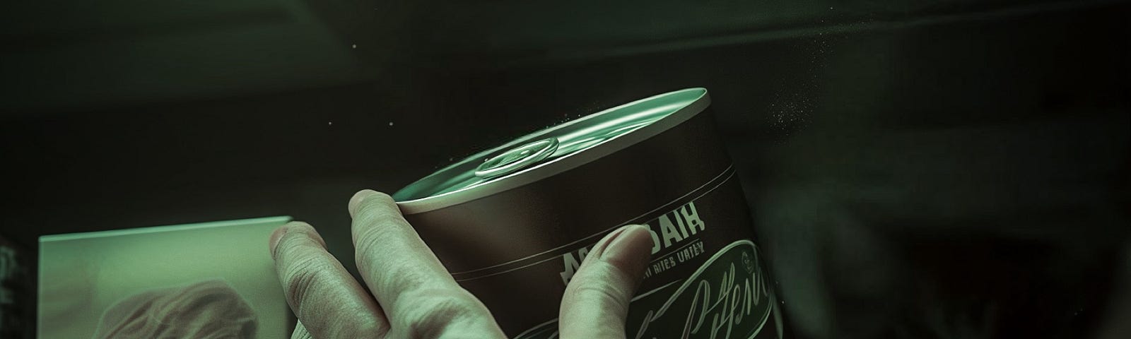 A hand reaches for a can on a dimly lit store shelf, bathed in greenish fluorescent light. The image has a moody, late-night atmosphere.