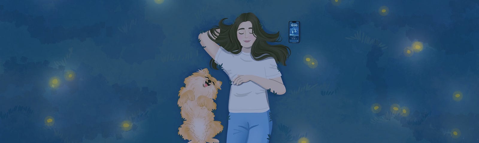 an illustration of a woman lying on her back next to her dog at night- you can see the stars