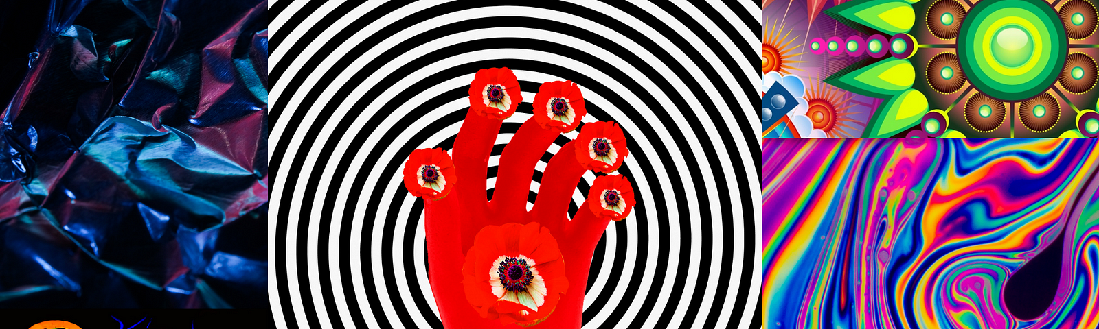 A red hand with mushrooms as fingertips. This is on a colorful, trippy background.