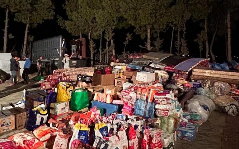 A picture showing all the donations collected by the NGO “Basma Ambassadors” that will be distributed to the victims of the earthquake