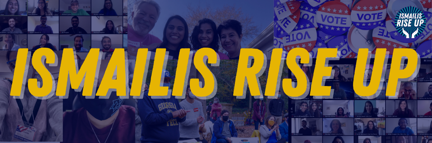 Ismaili Rise Up header in yellow text over blue collage of photos