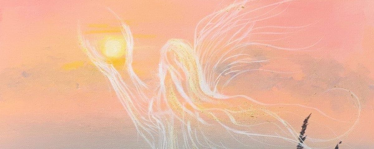 An angel reaches across the sky as she holds the sun, she’s holding onto her energy.