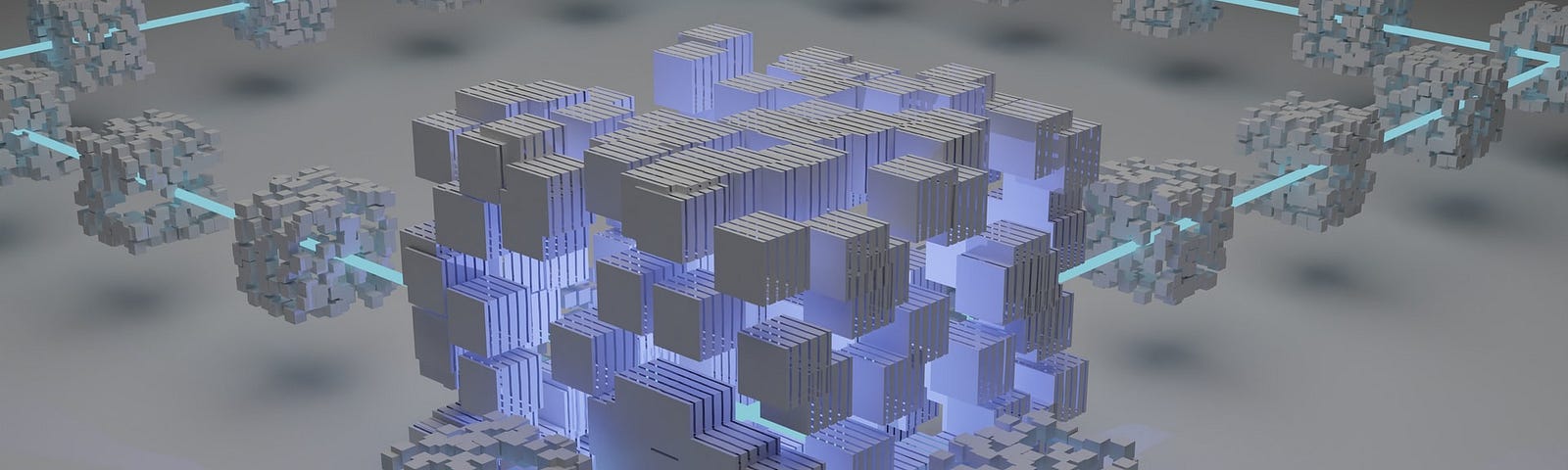 IMAGE: A network of interconnected, loosely formed grey tridimensional cubes symbolizing the blockchain and decentralized finance