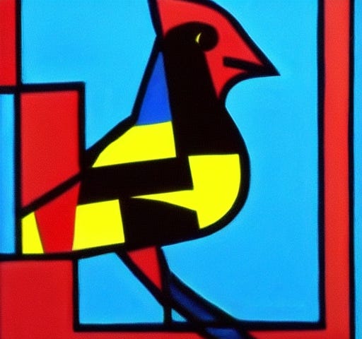 IMAGE: An image generated by Stable Diffusion when prompted “a bird in Piet Mondrian style”