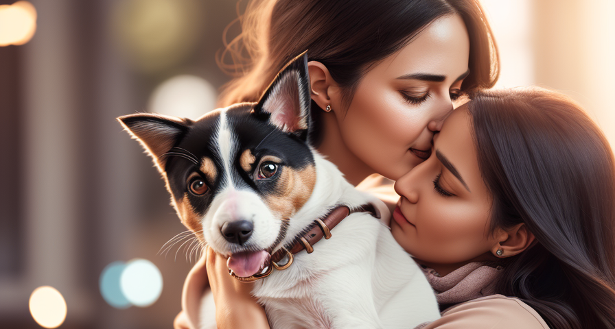 gay women cuddle each other and a puppy