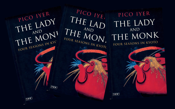 Three images of the book cover: The Lady and the Monk by Pico Iyer. Four seasons in Kyoto.