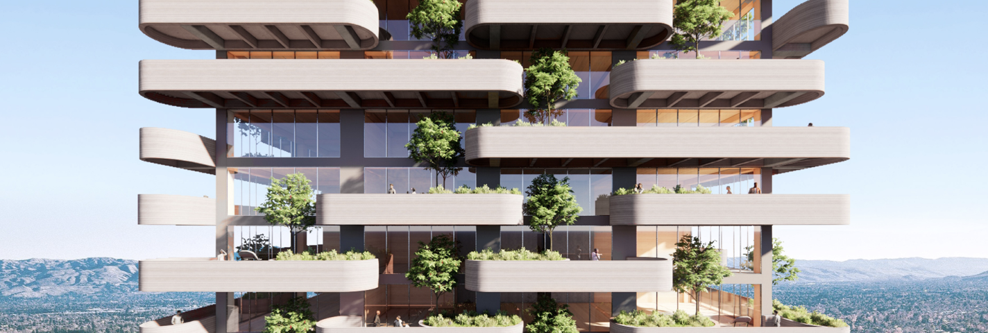 Architectural rendering shows a tall apartment building, with many large landscaped terraces, rising above the city of San Jose.