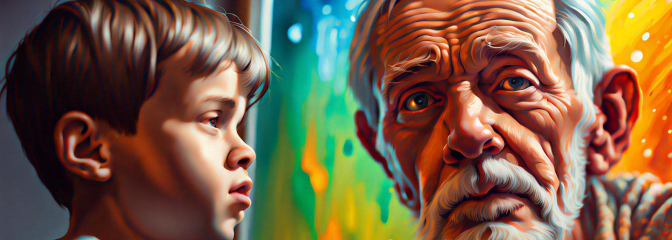 old man watching reflection of his son Hyperrealistic