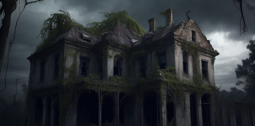 A dilapidated, eerie mansion with broken windows and overgrown vines, standing ominously against a darkening sky.