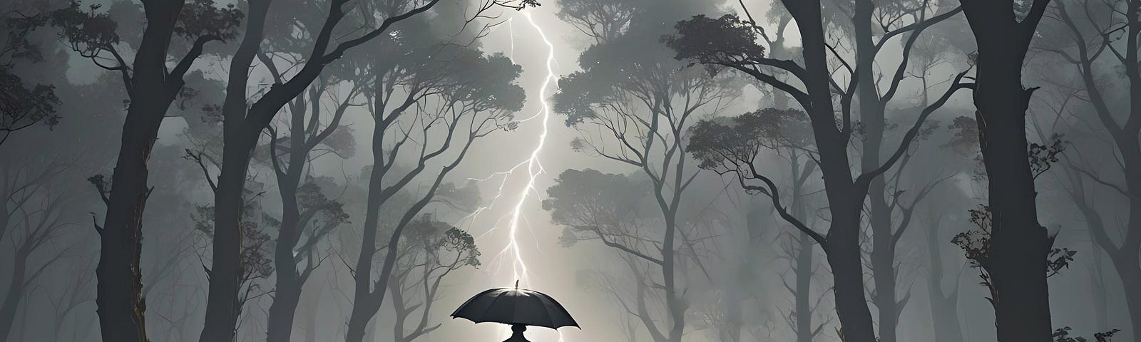 A silhouetted man with an umbrella walks a forest path towards a single streak of lightning